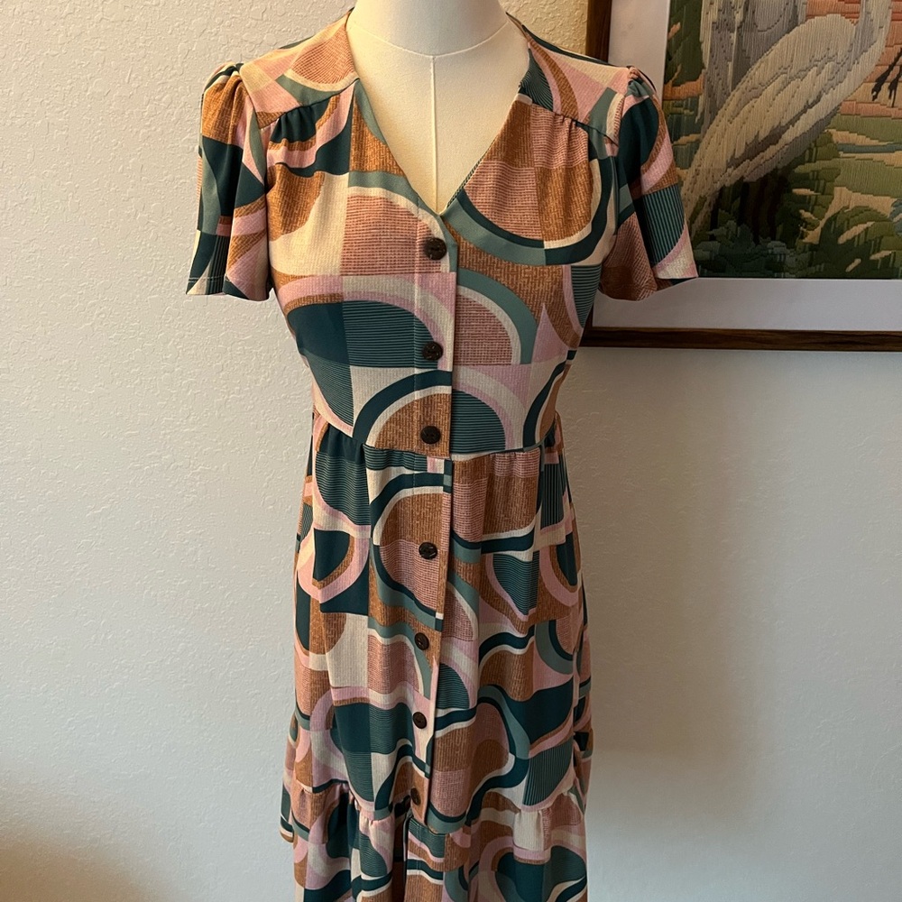 Monteau Geometric Button-Front Midi Dress in Pink, Green and Brown